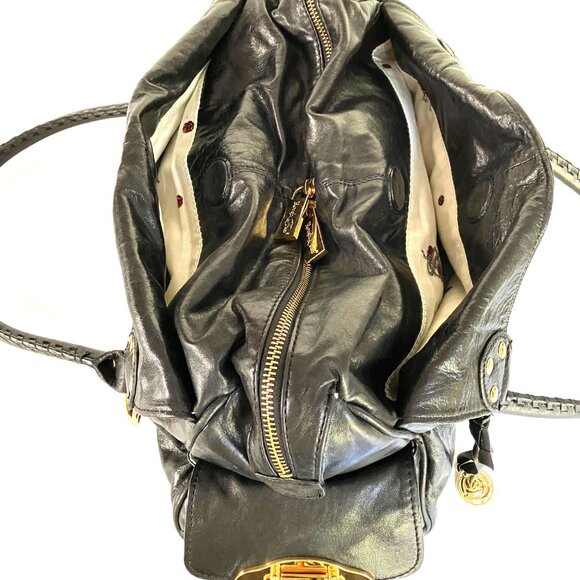 Rough Roses New Genuine Soft Black Leather Large Satchel Bag, Bright Gold Detail - Picture 3 of 11